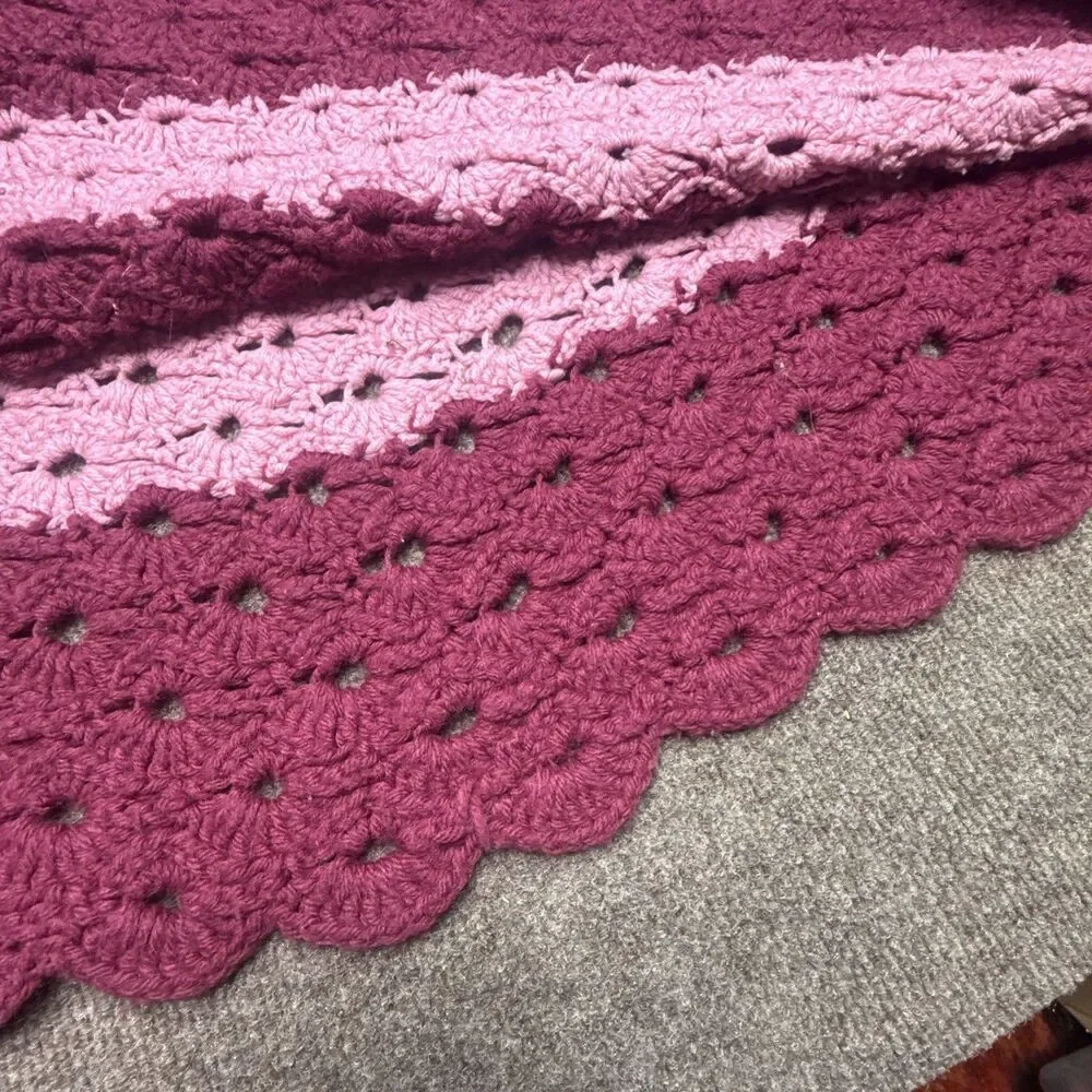 Vintage Crochet Afghan Blanket Pink Maroon Striped Shell Stitch Handmade 50x80